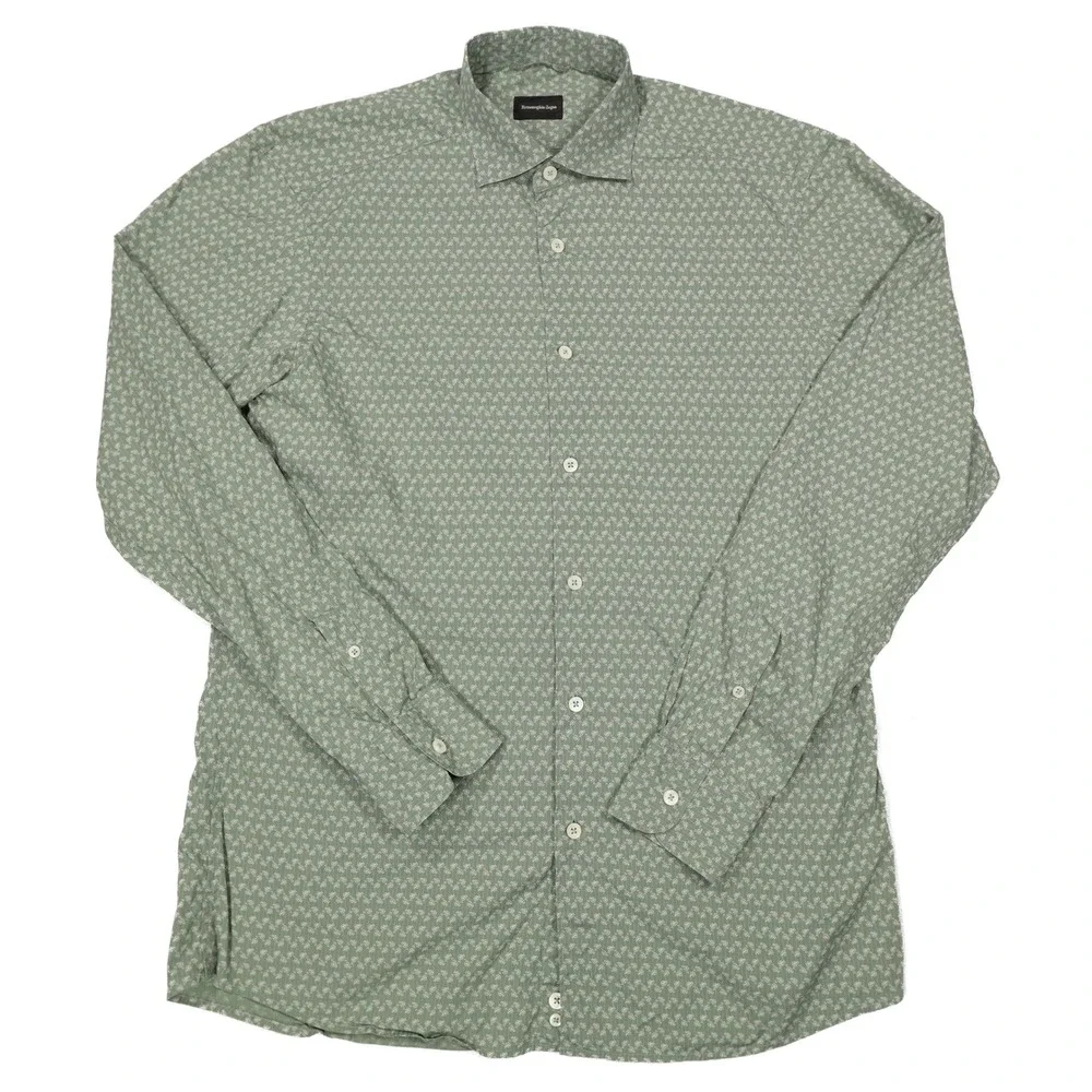 ERMENEGILDO ZEGNA Men's L Sage Green Geometric Print Button Down Dress Shirt‎